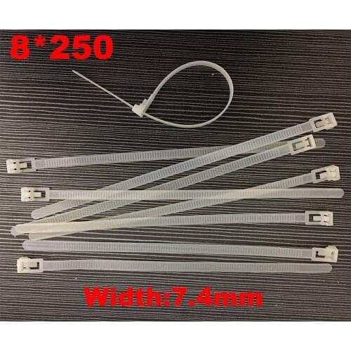 100pcs 8x250 8*250mm (7.4mm Width) White Nylon66 Network Electric Wire String Zip Fastener Plastic Relesable Reusable Cable Tie