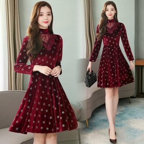 2020 Vintage Gold Velvet Sexy Mini Dresses Autumn Winter Plus Size Long Sleeve Lace Dress Elegant Women Bodycon Party Vestidos