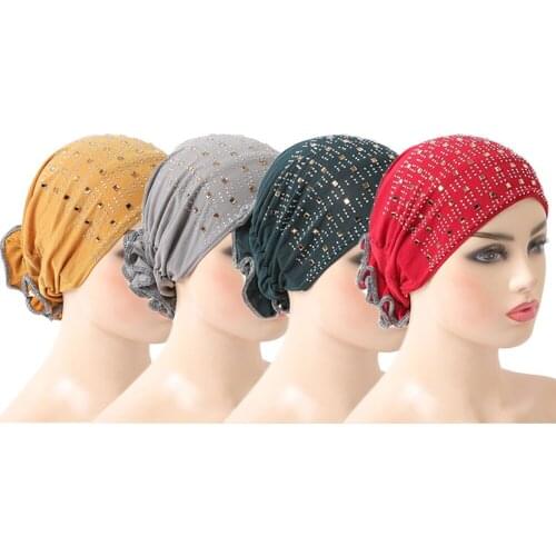 4PCS High Quality Muslim Women Hats with Rhinestones Pull On Islamic Scarf Turban Hijab Elastic Underscarf Solid Bone Bonnet