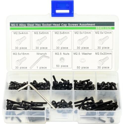 Steel Socket Cap Screw Assortment with Internal Hex Drive 140pc M2.5x4mm to M2.5x25mm Black