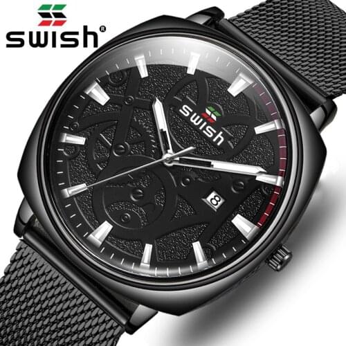 Mesh Stianless Steel Black Watch Men Top Brand Luxury Fashion Engrave Quartz Wrist Watch Waterproof Sports Military Date Watch