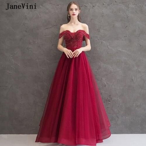 JaneVin Off the Shoulder Glitter Prom Long Dresses for Women 2021 Burgundy Luxury Beading A Line Tulle Prom Gowns Floor Length