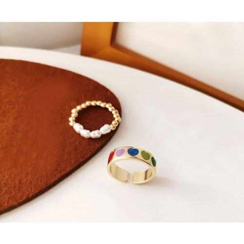 2pcs Vintage Colorful Heart Open Ring Simple Gold Color Enamel Finger Jewelry Simulated Pearl Adjustable Rings For Women