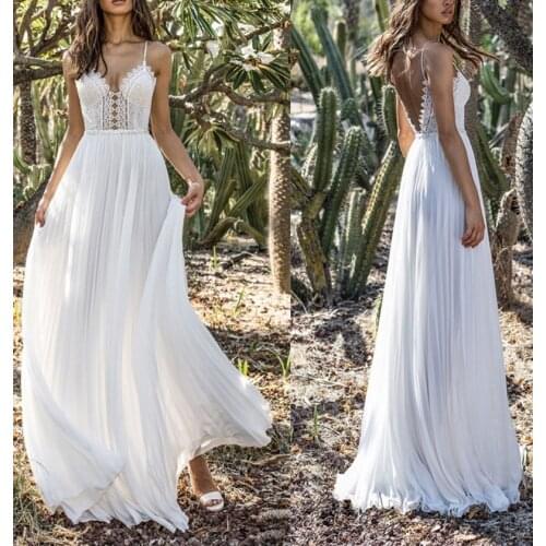 4238 # A-Line Sleeveless Illusion Spaghetti straps Lace Sexy Destination Chiffon Backless Bohemian Bride Dress Wedding Gown