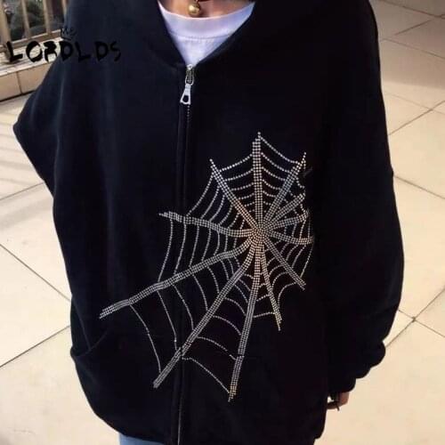LORDLDS Women Black Oversized Hoodies Long Sleeve Zip Up Jakcet Outwear Vintage Spider Web Diamonds Goth Clothes Streetwear