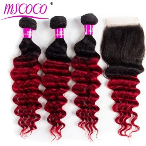 Mscoco HairPre-Colored Ombre Brazilian Hair 3 Bundles With Lace Closure 1B/red Loose Deep Weave Human Hair Bundle Pack Remy