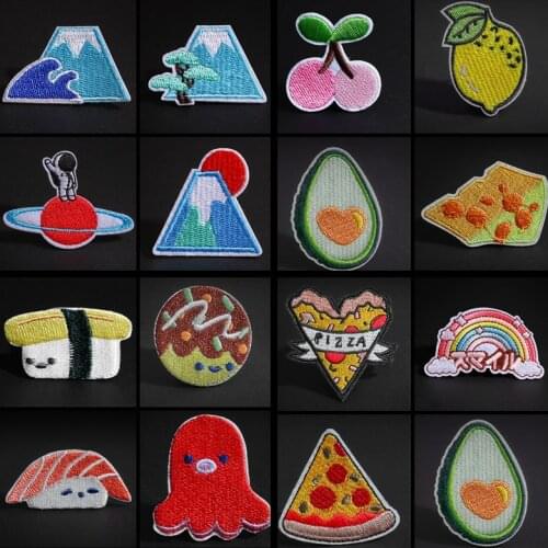 Cartoon Lemon Avocado Cherry Food Patches 3D Diy Space Astronaut Mount Fuji Rainbow Clothes Appliques Cake Pizza Tempura Badges