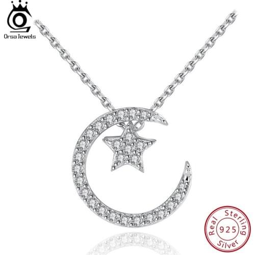 ORSA JEWELS 925 Sterling Silver Women Pendant Necklace Moon & Star With AAA Cubic Zircon Romantic Necklace S925 Jewelry OSN06