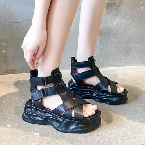 2021 Summer Women Shoes Fashion Hook&Loop Design Platform Sandals Leather Casual Open Toe Gladiator Sandals Women Wedges Shoes