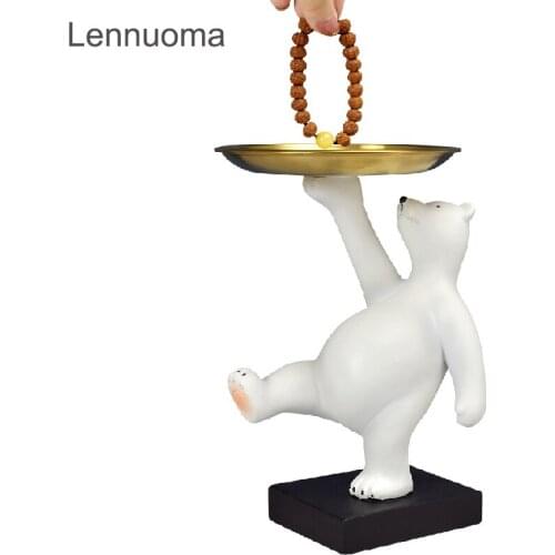 Lennuoma Polar Bear Storage Statue Nordic Resin Figurine Fruit Snacks Candy Tray Desk Key Coin Plate Sculpture Home Decoration