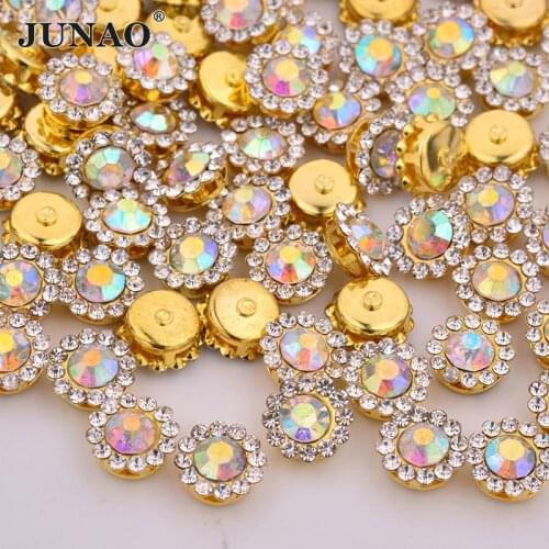 JUNAO 8 10 12 14mm Sewing Glass Claw Rhinestone with Setting Crystal AB Flowers Applique Gold Sew Stone for Needlework Clothes