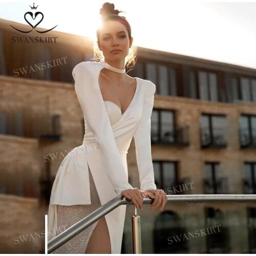 Chic Beaded Satin Wedding Dress New 2 In 1 Long Sleeve Mermaid Bridal Gown Court Train Princess SwanSarah P150 Vestido De Novia