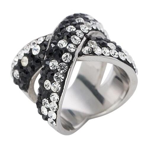 Three Row Black and Clear Crystal Stainless Steel Rings for women