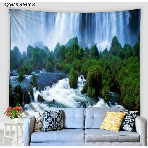 Green Forest Waterfall Landscape Tapestry Aesthetic Nature Scenery Wall Hanging Living Room Bedroom Dorm Decor Wall Tapestries
