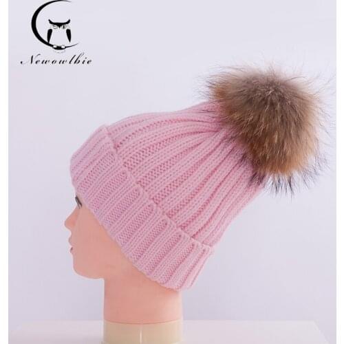 Women Hat Autumn Winter 100% Real Raccoon Fur Hats Knitted Wool With Gunuine Fur Pompom Beanies Hat Cap For Girl Children