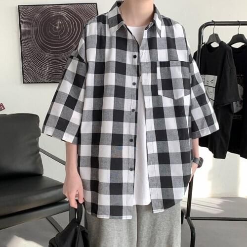 Summer 2021 Loose vintage plaid shirt single breasted lapel cotton half sleeve casual shirt