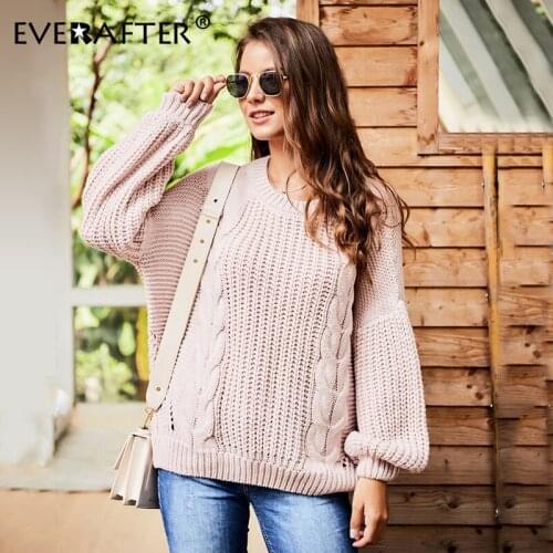 EVERAFTER Casual knitted striped O-neck sweater women lantern sleeve loose autumn winter elegant office lady pullover sweaters