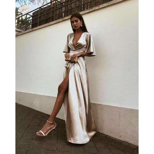 Sexy A-Line Long V-Neck Side Slit Prom Dresses with Pockets Zipper Back Robe De Soiree Floor Length Satin Formal Party Gown