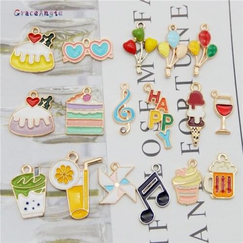17pcs mix Enamel Alloy Charms Cake Music jewelry food pendant Ice Cream Letters Necklace earrings Metal Bracelet Gift Keychain