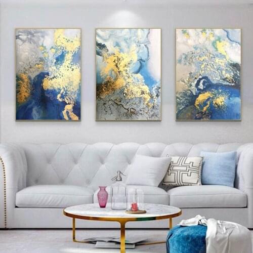 3 Pieces Framed Canvas Gold Blue Abstract Painting For Living Room Home Decoration Salon