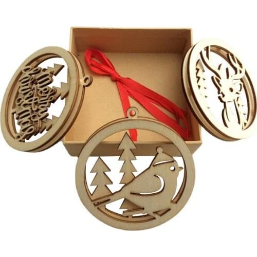 3pcs 9cm Wooden Merry Christmas Ornaments DIY Wood Cutouts Christmas Tree Hanging Ornaments for DIY Christmas Decorations