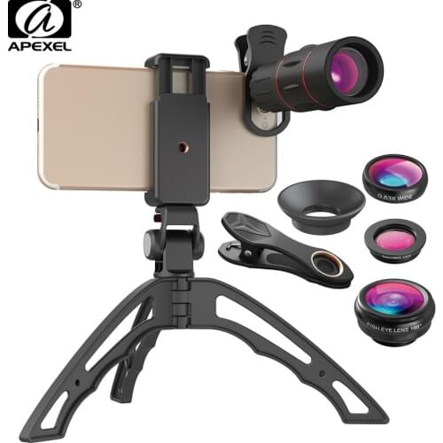 APEXEL 18X Telescope Phone Lens Monocular+3in1 Fisheye Wide Macro Lens +Selfie Tripod With Bluetooth for iPhone Smartphones