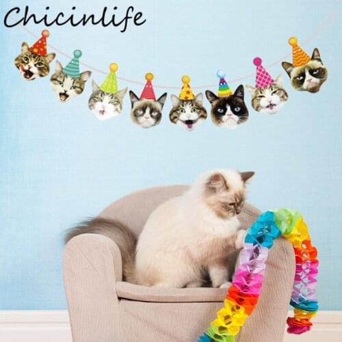 Chicinlife 1Set Cat Birthday Paper Banner Birthday Party Decoration Flag Cat Theme Pet Party Hanging Bunting Garland Supplies