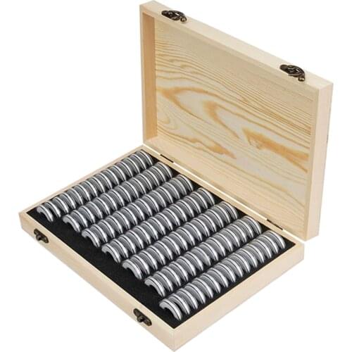 100 18/21/25/27/30mm Coin Capsules Adjustable with Foam Gasket Container Box Wooden Storage Case