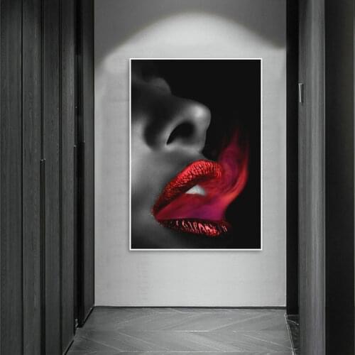 Girl Throws Up Red Smoke Posters And Prints Red Lips Woman Canvas Painting HD Print Abstract Wall Art Pictures Home Decoration