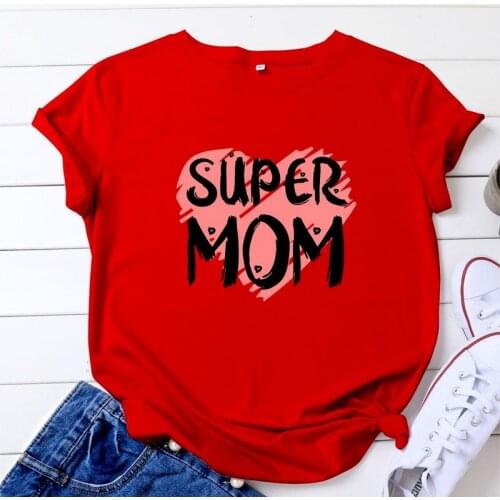 Summer Women T-shirts Oversized Heart Super Mom Letters Print Female Short-Sleeve Graphic Tees Tops Ladies Clothes