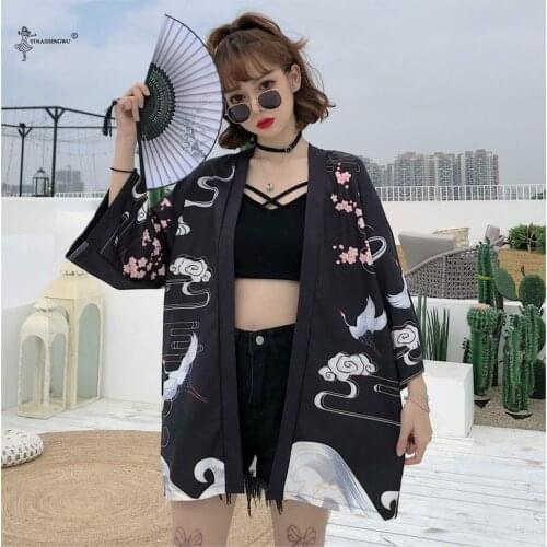 Japanese Kimono Yukata Girl Women Cardigan Cloud Crane Print Casual Shirt Asian Kimono Cosplay Costumes Tops Summer Beach Jacket
