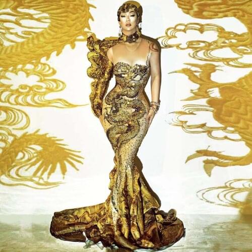 Chinese Style Gold Rhinestone Dragon Evening Party Mermaid Dress Women Sexy Wedding Prom Bodycon Trailing Long Dress Stage Wear