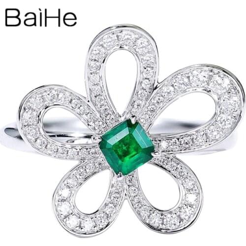 BAIHE Solid 14K White Gold 0.20ct Natural Emerald 0.25ct Natural Diamonds Wedding Band Fine jewelry кольцо Flower Ring Women