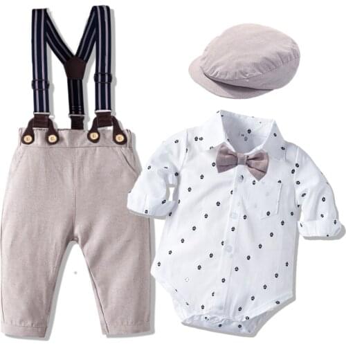 Baby Boy Clothing Set Romper with Bow Hat Gentleman Shoulder Strap Toddler Kid Bodysuit Infant Clothing 3 6 9 12 18 24 Mouth