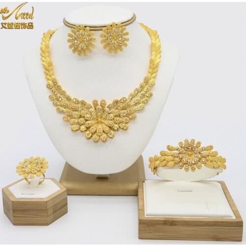ANIID Jewelery Set Flower Big Nacklace Earrings For Women Statement Jewery Gold Plated Indian Nigerian Bridal Wedding Zircon New