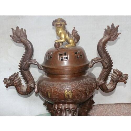 Xd 002517 24" Marked China Purple Bronze 24K Gilt lion Dragon Beast Incense Burner Censer