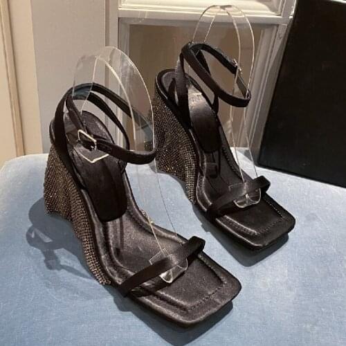 Summer Women Shoes Female Party Crystal Sandals Chaussure Square Toe Sandalias High Heels Fashion Buckle Sandales Outdoor