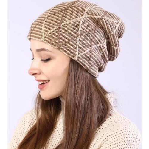 Hot style Autumn winter men women Acrylic simple pullovers mixed color diamond mesh thicken earflaps warm knitted beanie hat