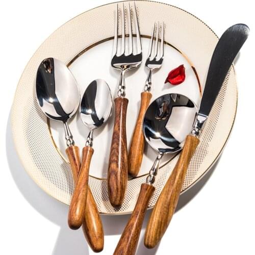 Wooden Handle Dinnerware Set ,304 Stainless Steel Metal Head Tableware Set, Easy to Clean,5-Piece Steak Cutlery set