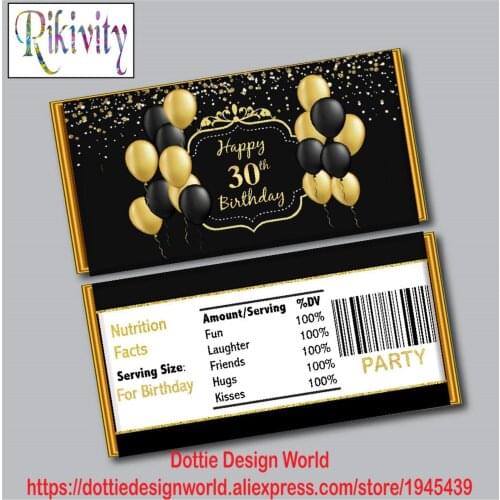 Adult 30th Birthday Party Favor Candy Bar Hershey Wrapper Stickers Gold Balloon Mini Candy Water Bottle Wine Labels Decoration
