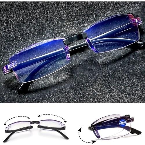 Rimless Reading Glasses Foldable Portable Presbyopic Glasses Men Women Diopter Eyewear Farsightedness Anti Blue Light with Case