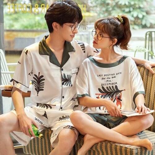 Couple Pajamas Womens Or Mans Summer Ice Silk Short Sleeve Lovely Large Loose Set