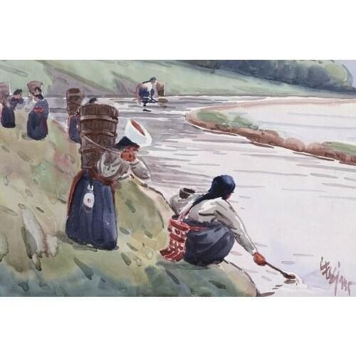 Scenery canvas prints landscape modern Chinese artist masterpiece poster figurative picture watercolor art woman near the river