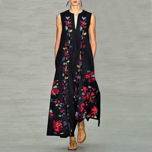 Floral Print Boho Bohemian Dress Women Summer V Neck Sleeveless Beach Dress Plus Size Ladies Pockets Maxi Long Dresses