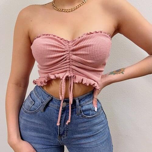 Plus Size Pink Sexy Ruched Tube Tops Women Strapless Backless Crop Top Summer Drawstring Club Wear Y2K Solid Color Clothes