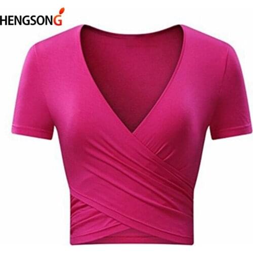 Women Yoga Shirt Crop Tops High Stretch Front Cross Deep V Neck Gym Sports Shirt Woman Female Fitness Running Shirt Sportswear