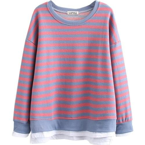 Women Casual Stripe Sweatshirts Splicing Long Sleeve Pullover Sweatshirt Autumn Loose Tops Plus Size