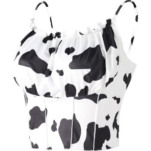 Womens Sexy Sleeveless Sling Tops, Girls Square Collar Cow Pattern Vest, Casual Tight Bare Midriff Clothing