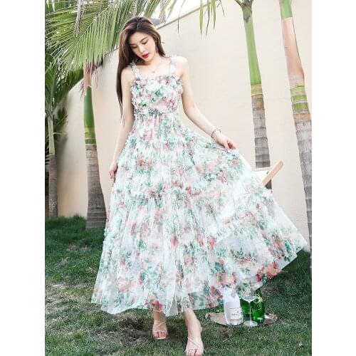 Strap Long Dress 2021 Summer Wedding Party Women Cascading Ruffle Mesh Deco Sleeveless Casual Long Maxi Gown Dress Vestido Mujer