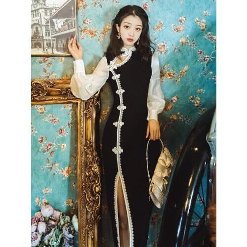 2019 new fashion womens clothing Patchwork Mandarin Collar Mid-Calf dress women